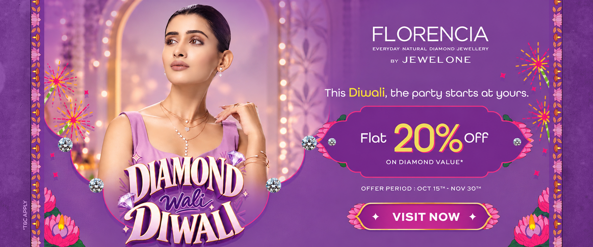 Promotional banner for Florencia by Jewel One featuring a woman in a lavender dress against a purple Diwali-themed background with floral decorations and text offering a flat 20% off on diamond value.